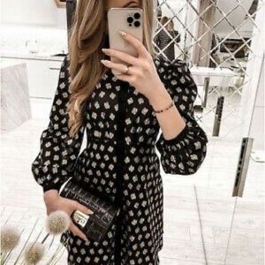 ZARA Gold Metallic Thread Black Button-Down Shirt Dress • Influencer Style!